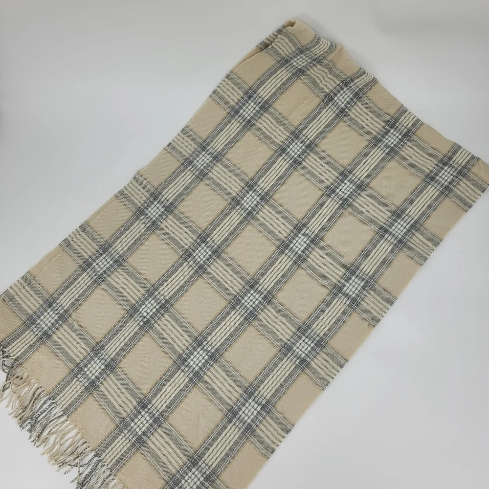J.Crew Scarf Plaid Neutral Gray Tan Cream Fringe 24x78 Blanket Cottage Cabin